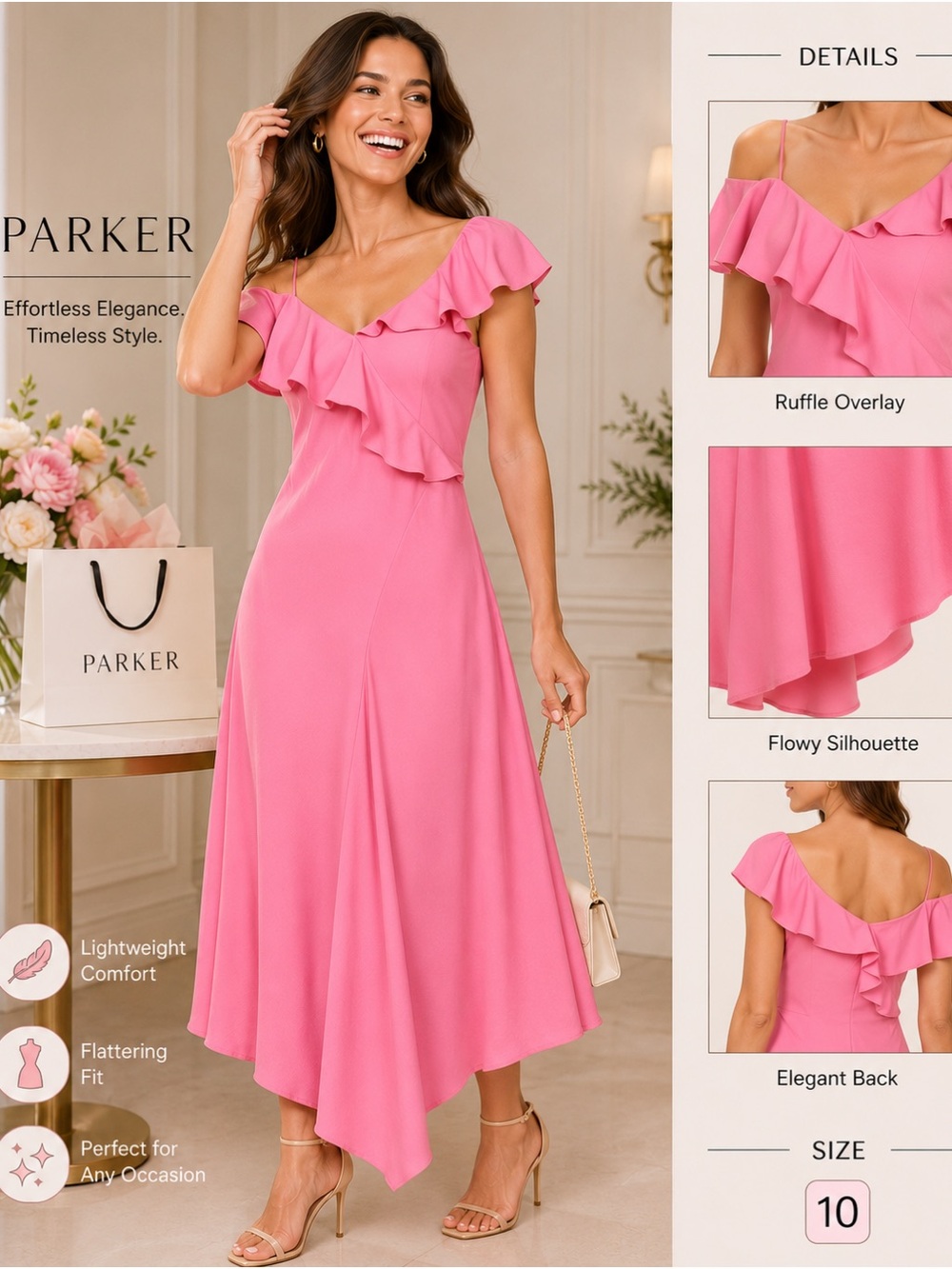 Parker Pink Asymmetrical Ruffle-Trim Midi Dress